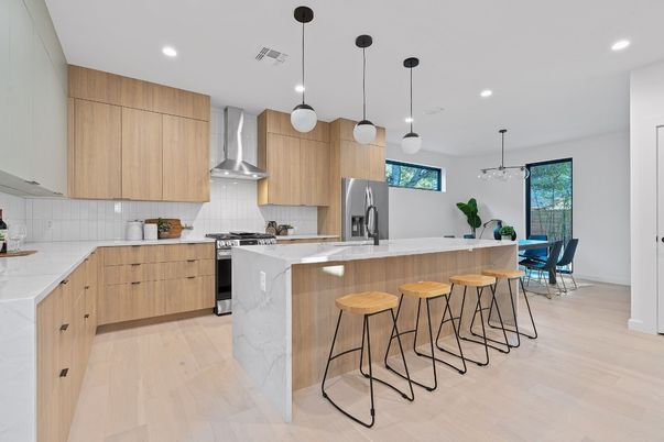 Interior, Kitchen, Pendant Lights, Recessed Lighting, Stainless Steel Appliances, Wood Texture Flooring