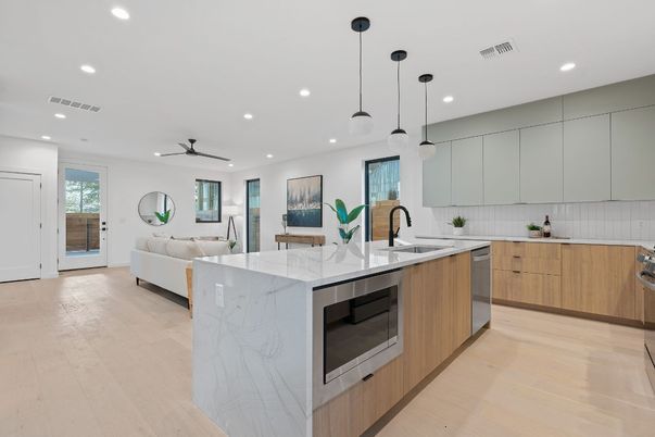 Interior, Kitchen, Living room, Pendant Lights, Recessed Lighting, Stainless Steel Appliances, Wood Texture Flooring