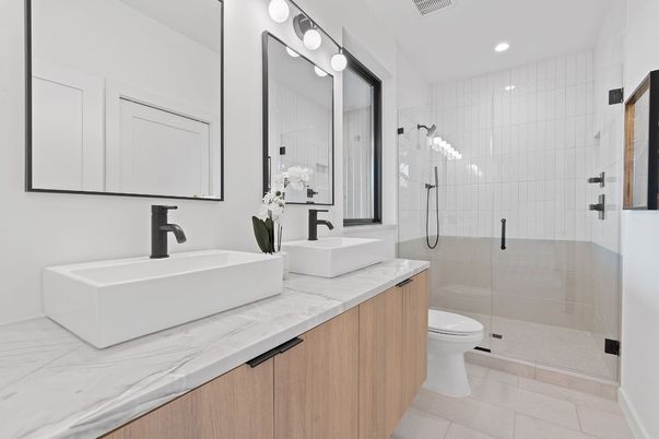 Bathroom, Dual Sink Vanities, Glass Shower, Interior, Recessed Lighting