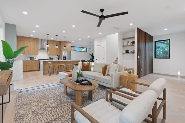 Interior, Kitchen, Living room, Pendant Lights, Recessed Lighting, Stainless Steel Appliances, Wood Texture Flooring