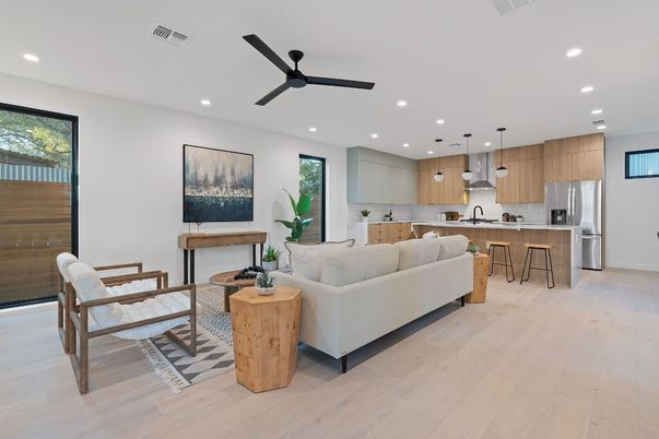 Interior, Kitchen, Living room, Pendant Lights, Recessed Lighting, Stainless Steel Appliances, Wood Texture Flooring