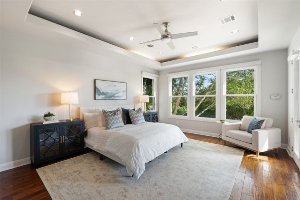 Bedroom, Interior, Recessed Lighting, Wood Texture Flooring