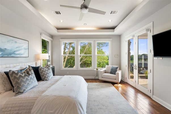 Bedroom, Interior, Recessed Lighting, Wood Texture Flooring