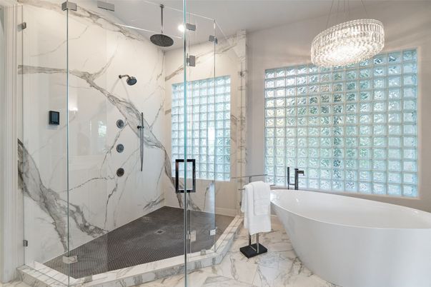 Bathroom, Free Standing Baths, Glass Shower, Interior, Marble, Marble Walls, Pendant Lights