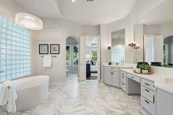 Bathroom, Chandelier, Dual Sink Vanities, Free Standing Baths, Interior, Marble, Pendant Lights