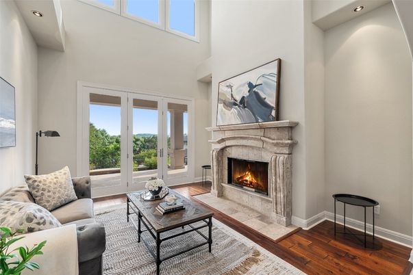 Fireplace, Interior, Living room, Recessed Lighting, Wood Texture Flooring