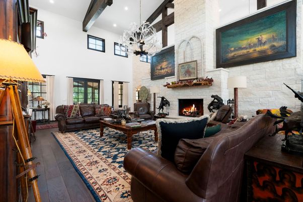 Fireplace, Interior, Living room, Pendant Lights, Recessed Lighting, Stone Walls, Wooden Beams, Wood Texture Flooring