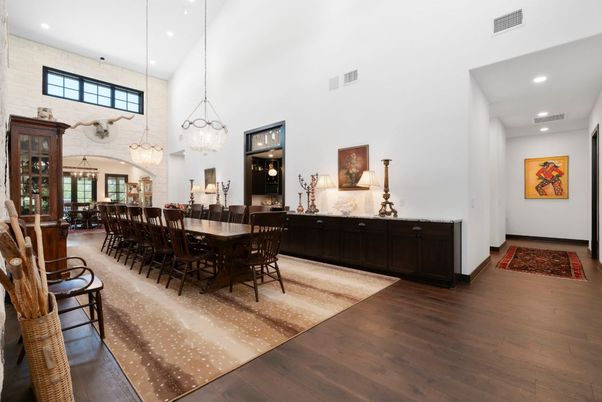 Chandelier, Dining room, Interior, Pendant Lights, Recessed Lighting, Wood Texture Flooring