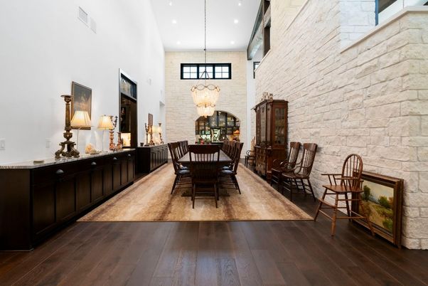 Chandelier, Dining room, Interior, Pendant Lights, Recessed Lighting, Stone Walls, Wood Texture Flooring