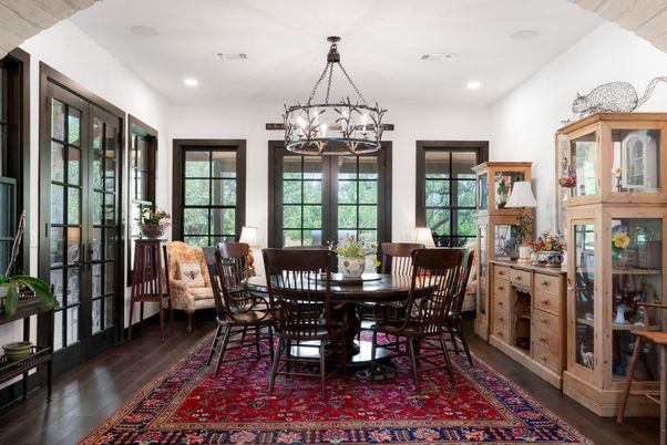 Dining room, Interior, Pendant Lights, Recessed Lighting, Wood Texture Flooring