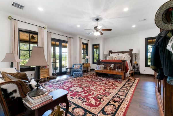 Bedroom, Fireplace, Interior, Recessed Lighting, Wood Texture Flooring
