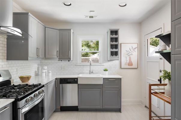 Interior, Kitchen, Recessed Lighting, Stainless Steel Appliances, Wood Texture Flooring