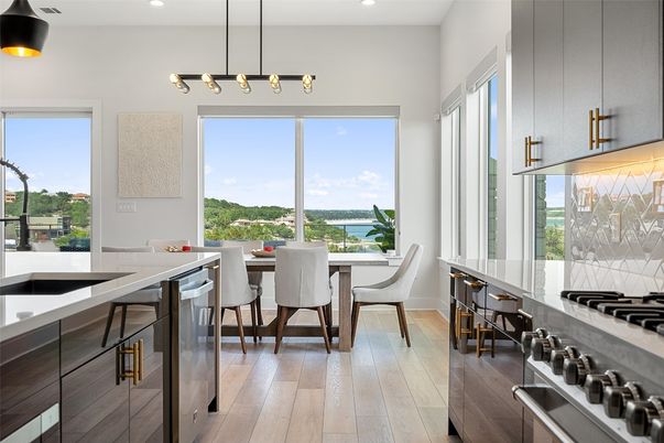 Dining room, Interior, Kitchen, Pendant Lights, Recessed Lighting, Water, Wood Texture Flooring