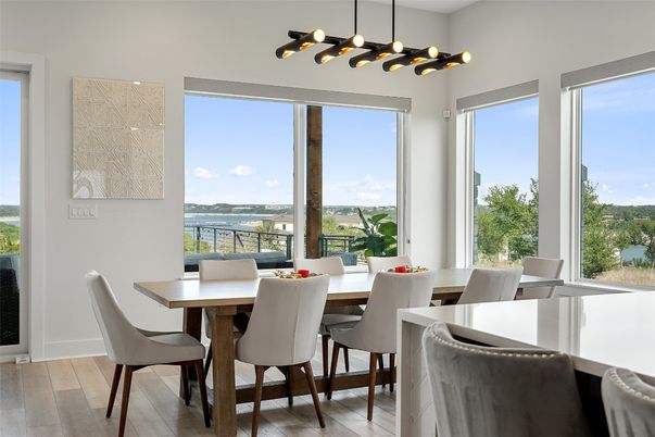 Dining room, Interior, Pendant Lights, Water, Wood Texture Flooring