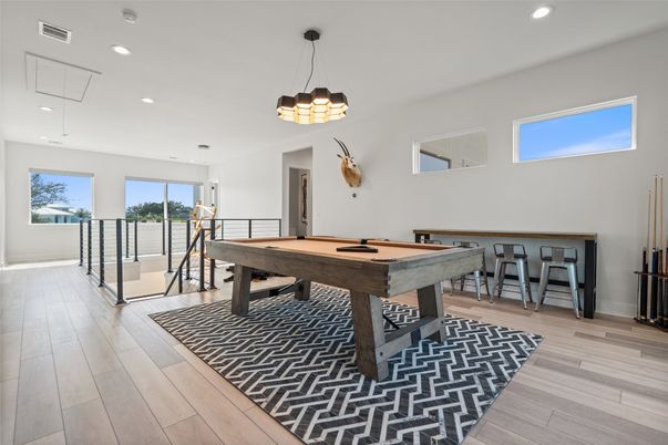 Billiard Table, Game Room, Interior, Pendant Lights, Recessed Lighting, Wood Texture Flooring