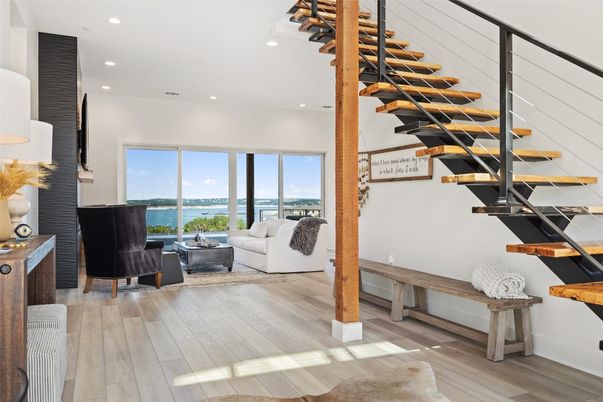 Interior, Living room, Recessed Lighting, Water, Wood Texture Flooring