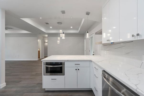 Interior, Kitchen, Pendant Lights, Recessed Lighting, Stainless Steel Appliances, Wood Texture Flooring