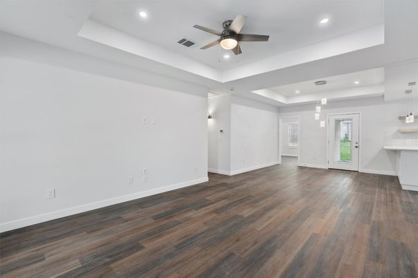 Empty room, Interior, Pendant Lights, Recessed Lighting, Wood Texture Flooring