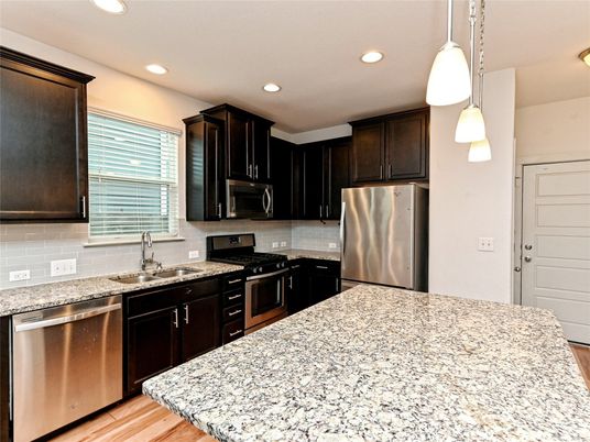 Interior, Kitchen, Pendant Lights, Recessed Lighting, Stainless Steel Appliances, Wood Texture Flooring