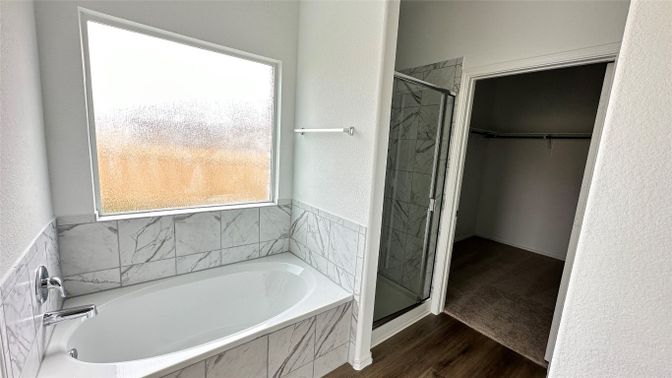 Bathroom, Glass Shower, Interior, Marble Walls, Wood Texture Flooring