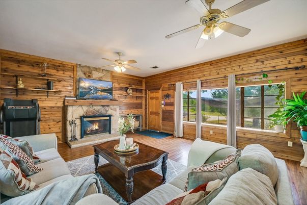 Fireplace, Interior, Living room, Stone Walls, Wood Texture Flooring, Wooden Walls