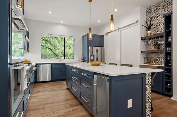 Interior, Kitchen, Pendant Lights, Recessed Lighting, Stainless Steel Appliances, Wood Texture Flooring