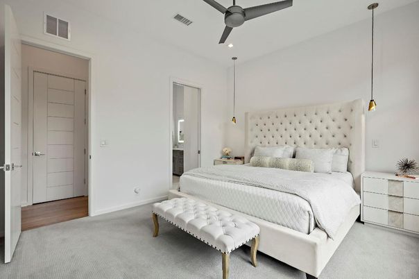 Bedroom, Interior, Pendant Lights, Recessed Lighting, Wood Texture Flooring