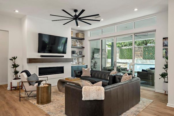 Fireplace, Interior, Living room, Recessed Lighting, Wood Texture Flooring