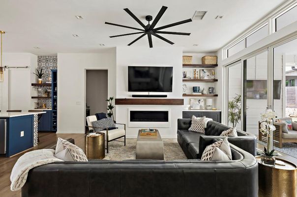 Fireplace, Interior, Living room, Recessed Lighting, Wood Texture Flooring