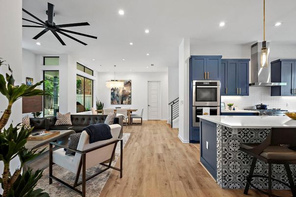 Chandelier, Dining room, Interior, Kitchen, Living room, Pendant Lights, Recessed Lighting, Stainless Steel Appliances, Wood Texture Flooring