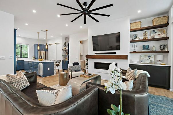 Fireplace, Interior, Kitchen, Living room, Pendant Lights, Recessed Lighting, Wood Texture Flooring