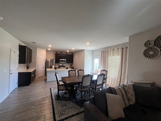 Dining room, Interior, Kitchen, Recessed Lighting, Wood Texture Flooring