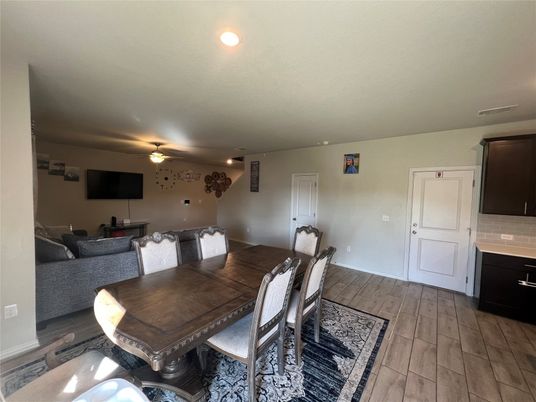 Dining room, Interior, Living room, Recessed Lighting, Wood Texture Flooring