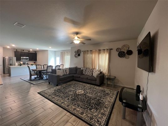Dining room, Interior, Kitchen, Living room, Recessed Lighting, Wood Texture Flooring