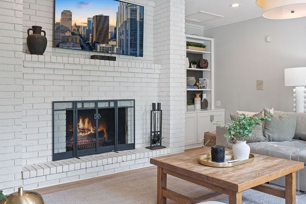 Fireplace, Interior, Living room, Recessed Lighting, Stone Walls