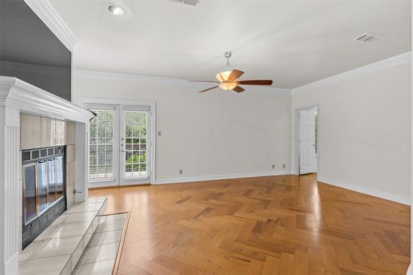 Empty room, Fireplace, Interior, Recessed Lighting, Wood Texture Flooring