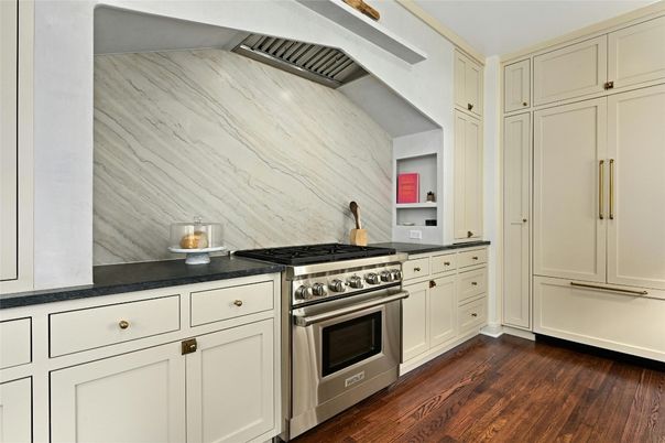 Interior, Kitchen, Marble Walls, Stainless Steel Appliances, Wood Texture Flooring
