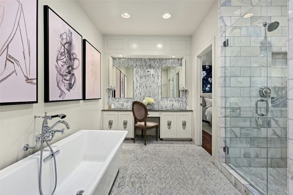 Bathroom, Free Standing Baths, Glass Shower, Interior, Marble Walls, Recessed Lighting