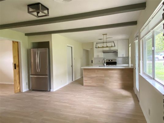 Interior, Kitchen, Pendant Lights, Stainless Steel Appliances, Wood Texture Flooring