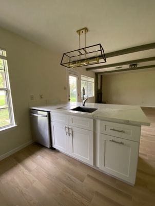 Interior, Kitchen, Pendant Lights, Wood Texture Flooring
