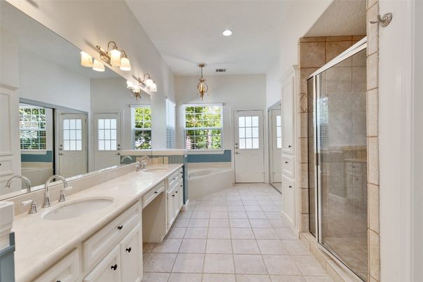 Bathroom, Dual Sink Vanities, Glass Shower, Interior, Pendant Lights, Recessed Lighting