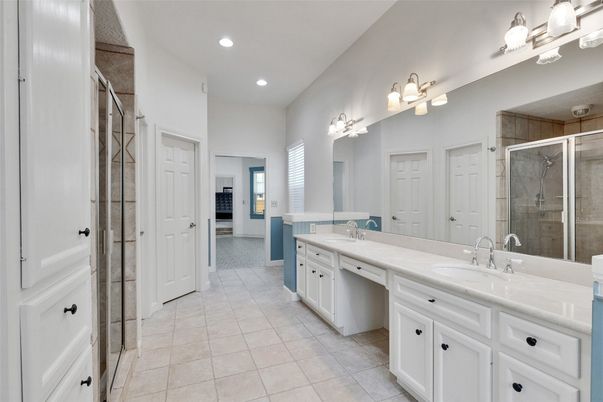 Bathroom, Dual Sink Vanities, Glass Shower, Interior, Recessed Lighting