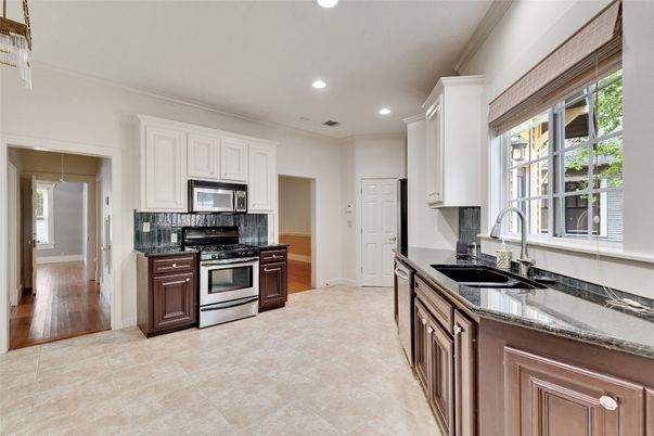 Interior, Kitchen, Recessed Lighting, Stainless Steel Appliances, Wood Texture Flooring