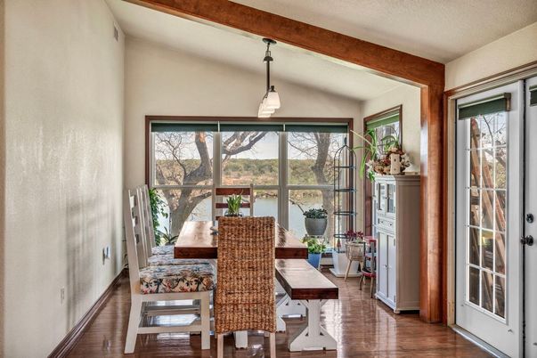 Dining room, Interior, Pendant Lights, Wood Texture Flooring