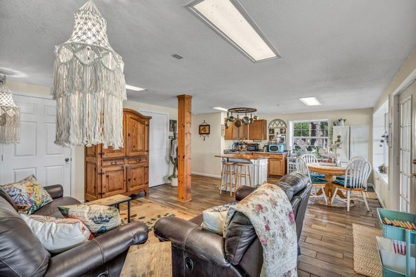Chandelier, Dining room, Interior, Kitchen, Living room, Recessed Lighting, Wood Texture Flooring