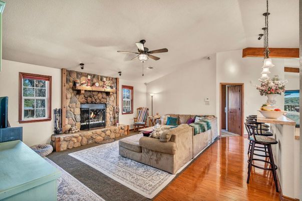 Fireplace, Interior, Living room, Pendant Lights, Wood Texture Flooring