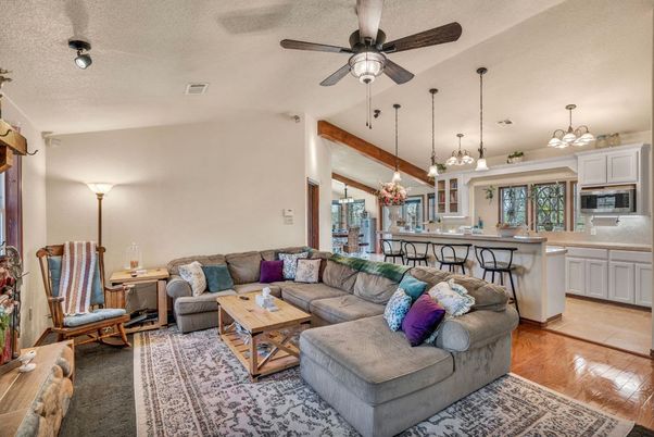 Interior, Kitchen, Living room, Pendant Lights, Wood Texture Flooring