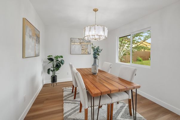 Dining room, Interior, Pendant Lights, Wood Texture Flooring
