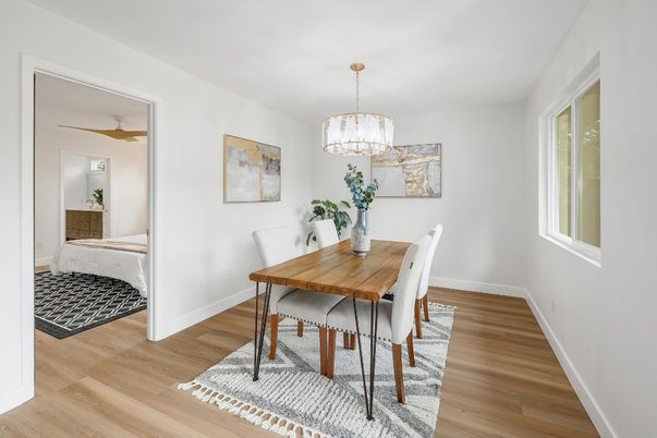 Dining room, Interior, Pendant Lights, Wood Texture Flooring