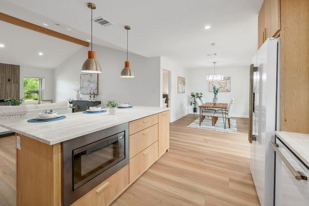 Dining room, Interior, Kitchen, Pendant Lights, Recessed Lighting, Stainless Steel Appliances, Wooden Beams, Wood Texture Flooring